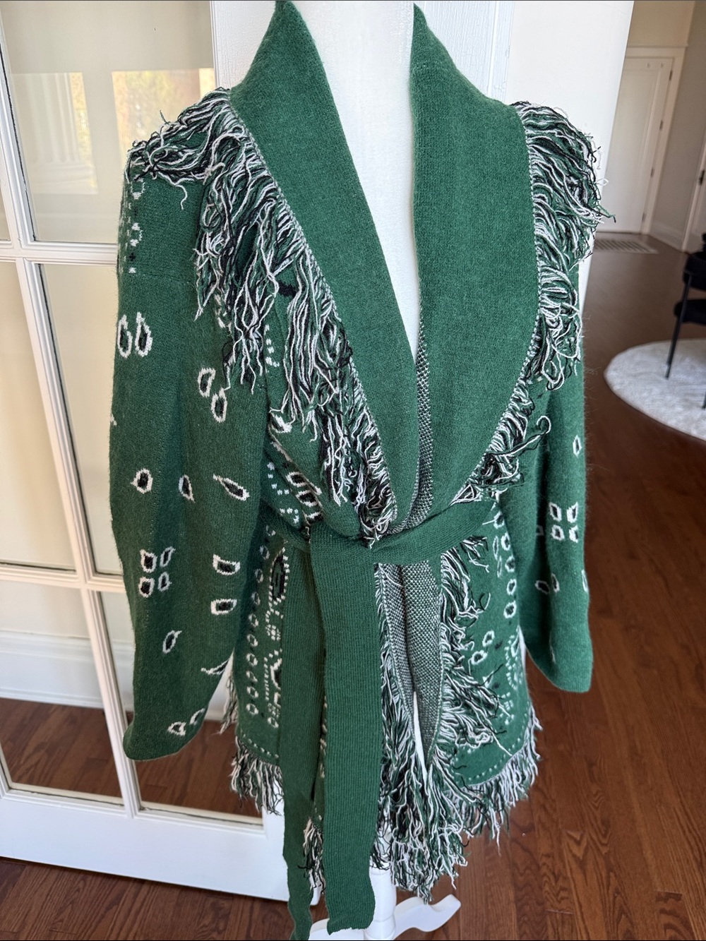 Sugarlips Forest Green Fringe Wrap Cardigan with White Pattern - Picture 2 of 7